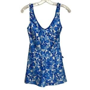 Women's One Piece Seawaves Blue White Floral Swim Dress Swimsuit Bathing Suit 10